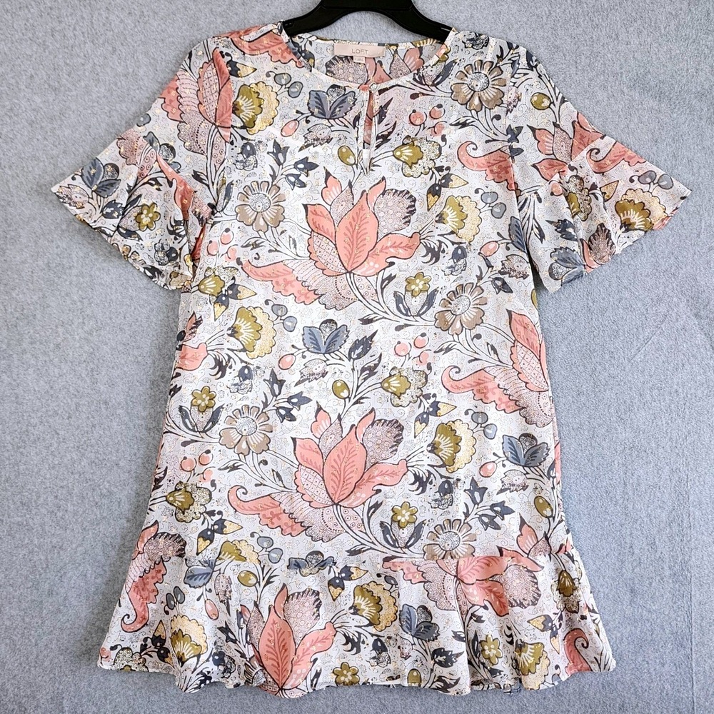 LOFT Floral Dress Womens Small Pink Gold Metallic Keyhole Bell Sleeve Boho Shift